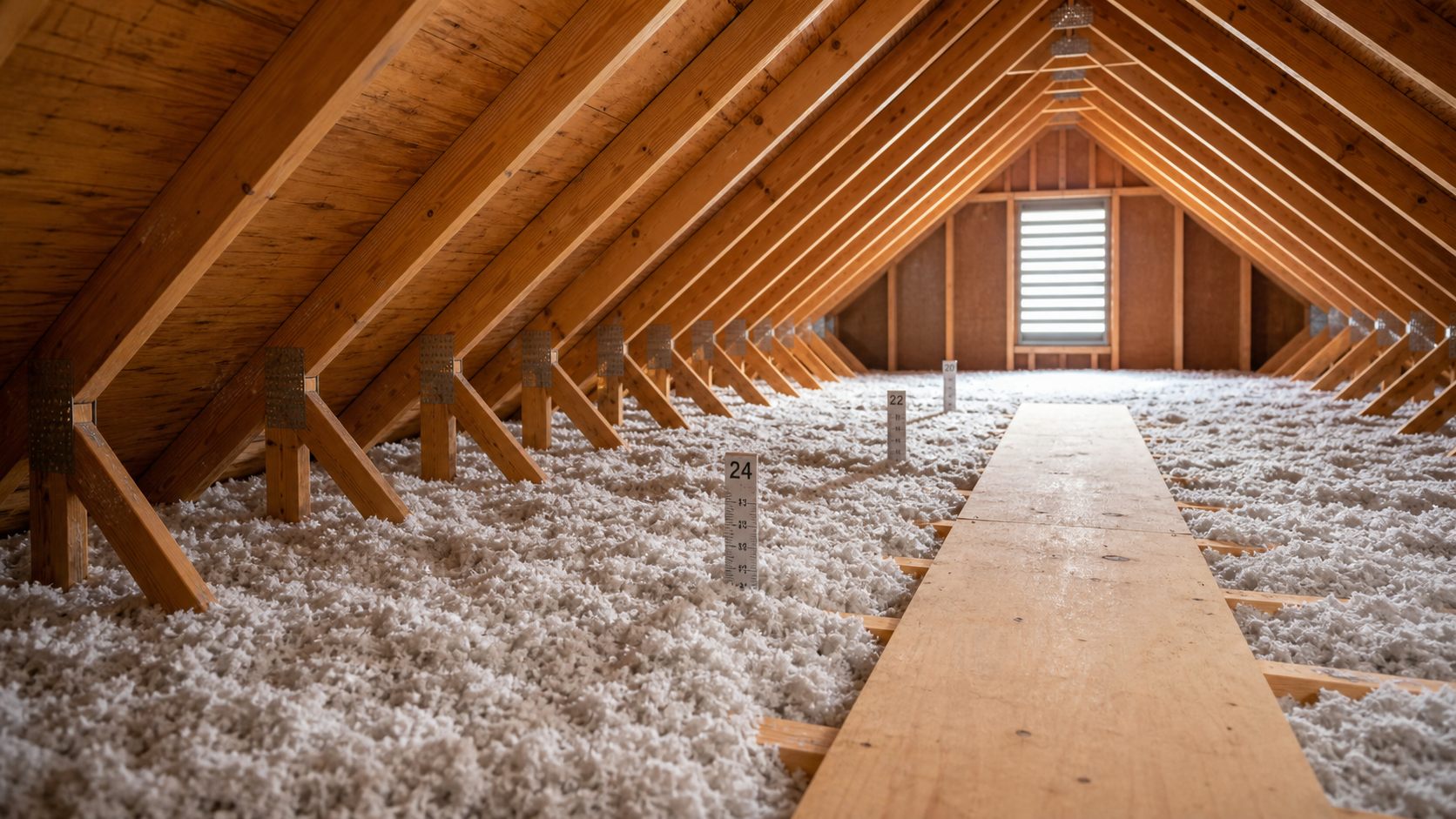 Clean attic with fresh blown-in insulation and visible roof framing